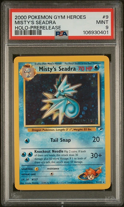 2000 Pokemon Gym Heroes 9 Misty's Seadra Holo-prerelease PSA 9