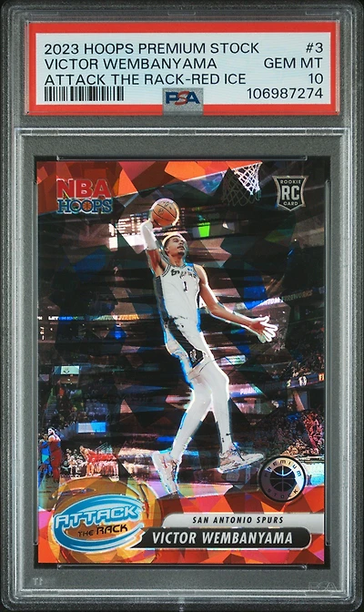 2023 Panini Hoops Premium Stock Attack The Rack 3 Victor Wembanyama Red Ice PSA 10