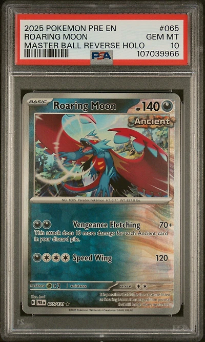 2025 Pokemon Pre En-prismatic Evolutions 065 Roaring Moon Master Ball Reverse Holo PSA 10