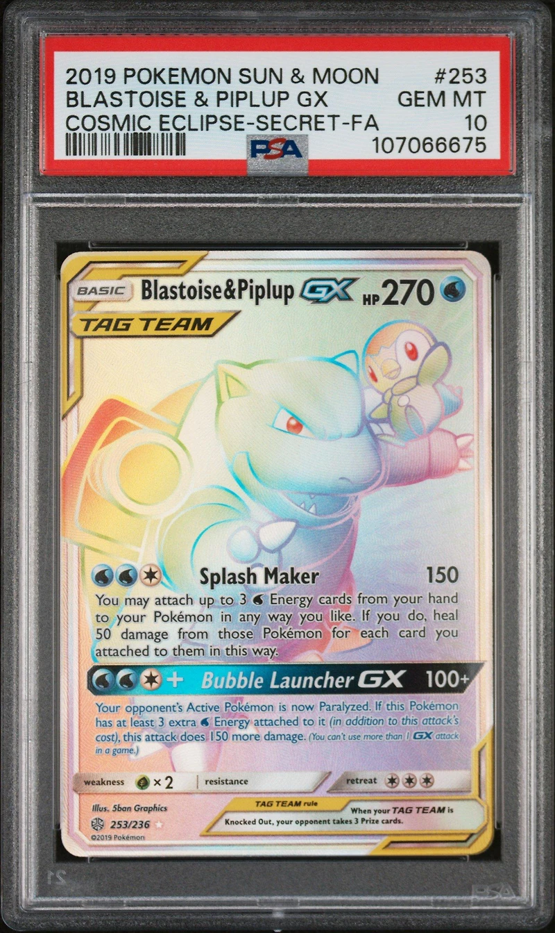 2019 Pokemon Sun & Moon Cosmic Eclipse 253 Full Art/blastoise & Piplup Gx Secret PSA