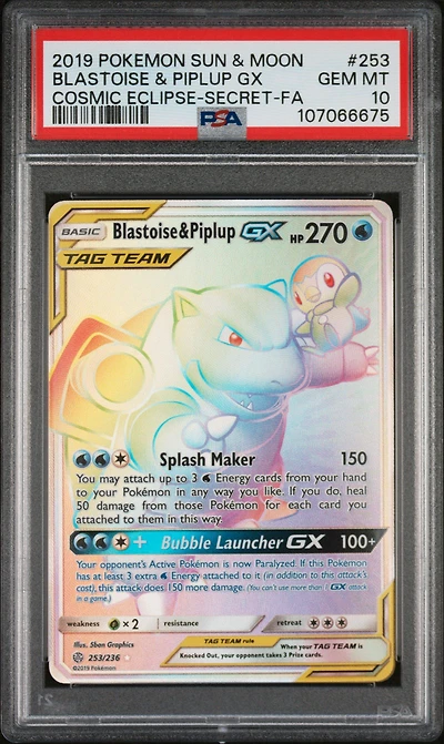 2019 Pokemon Sun & Moon Cosmic Eclipse 253 Full Art/blastoise & Piplup Gx Secret PSA