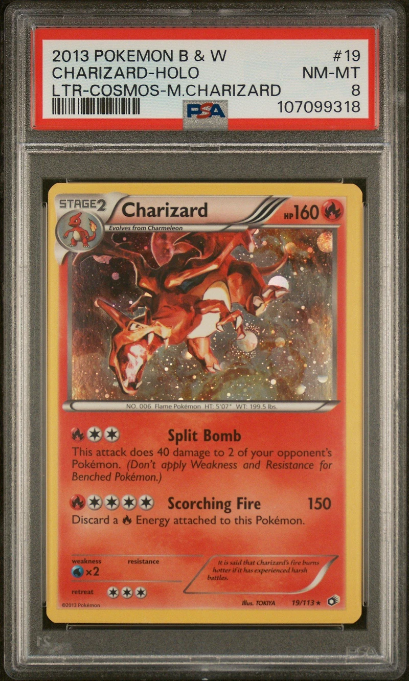 2013 Pokemon Black & White Legendary Treasures 19 Charizard-holo Cosmos-mega Charizard PSA 8