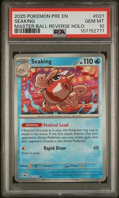 2025 Pokemon Pre En-prismatic Evolutions 021 Seaking Master Ball Reverse Holo PSA 10