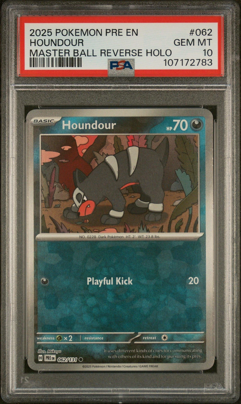 2025 Pokemon Pre En-prismatic Evolutions 062 Houndour Master Ball Reverse Holo PSA 10