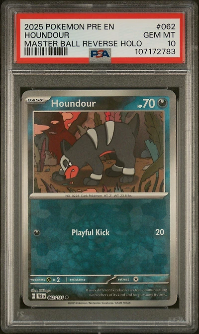 2025 Pokemon Pre En-prismatic Evolutions 062 Houndour Master Ball Reverse Holo PSA 10