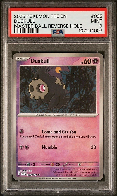 2025 Pokemon Pre En-prismatic Evolutions 035 Duskull Master Ball Reverse Holo PSA 9