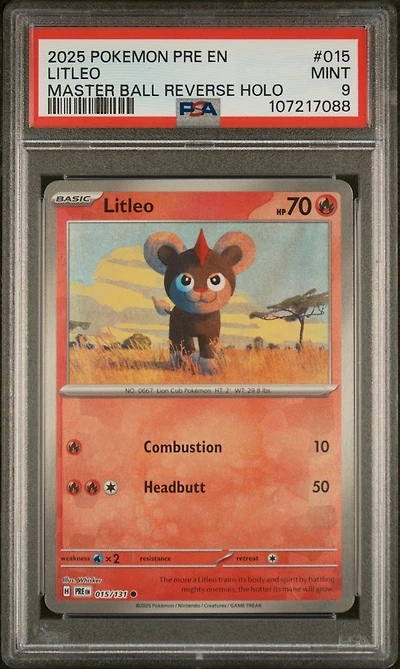 2025 Pokemon Pre En-prismatic Evolutions 015 Litleo Master Ball Reverse Holo PSA 9