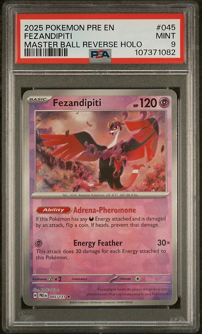 2025 Pokemon Pre En-prismatic Evolutions 045 Fezandipiti Master Ball Reverse Holo PSA 9