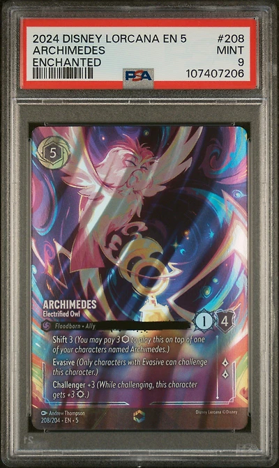 2024 Disney Lorcana En 5-shimmering Skies 208 Archimedes - Electrified Owl Enchanted PSA 9
