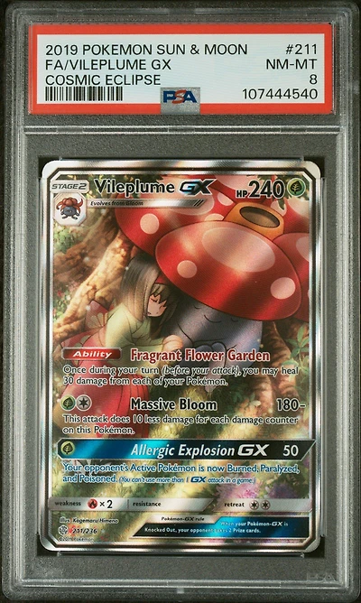 2019 Pokemon Sun & Moon Cosmic Eclipse 211 Full Art/vileplume Gx PSA