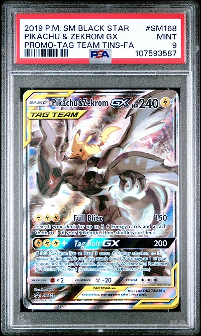 2019 Pokemon Sm Black Star Promo Sm168 Full Art/pikachu & Zekrom Gx Tag Team Tins PSA