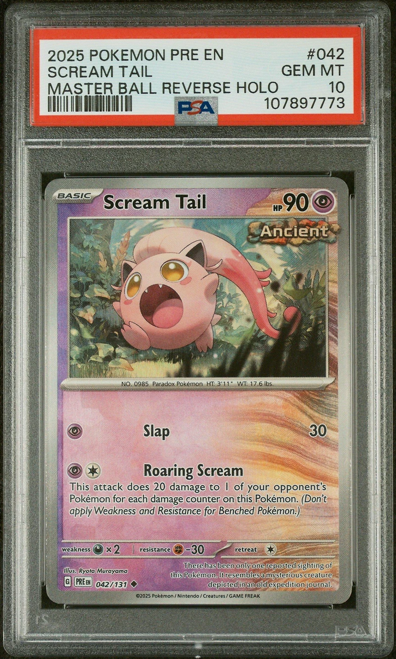 2025 Pokemon Pre En-prismatic Evolutions 042 Scream Tail Master Ball Reverse Holo PSA 10