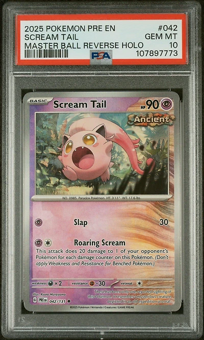 2025 Pokemon Pre En-prismatic Evolutions 042 Scream Tail Master Ball Reverse Holo PSA 10