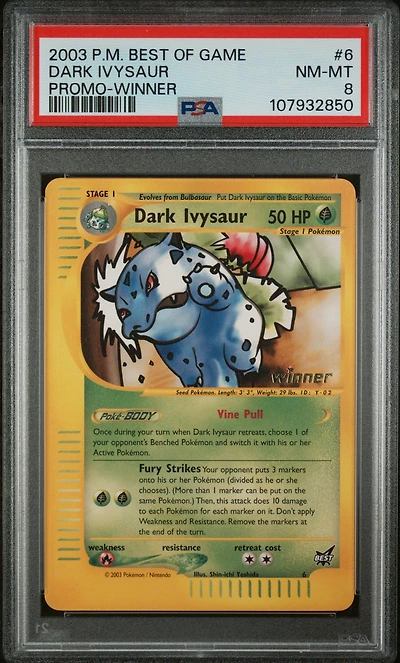 2003 Pokemon Best Of Game Promo 6 Dark Ivysaur Winner PSA 8