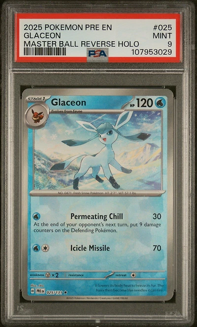 2025 Pokemon Pre En-prismatic Evolutions 025 Glaceon Master Ball Reverse Holo PSA 9