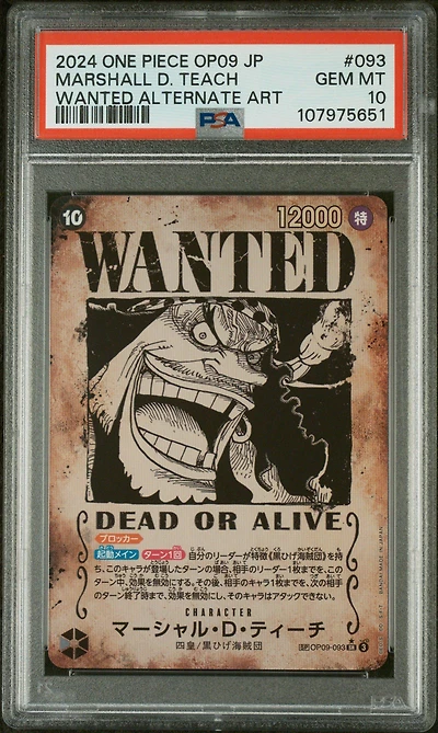 2024 One Piece Japanese Op09-emperors In The New World 093 Marshall D. Teach Wanted Alternate Art PSA 10