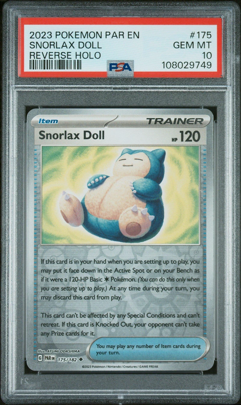 2023 Pokemon Par En-paradox Rift 175 Snorlax Doll Reverse Holo PSA 10