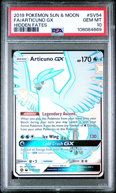 2019 Pokemon Sun & Moon Hidden Fates Sv54 Full Art/articuno Gx PSA 10