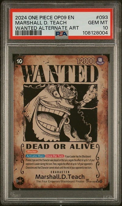 2024 One Piece Op09-emperors In The New World 093 Marshall D. Teach Wanted Alternate Art PSA 10