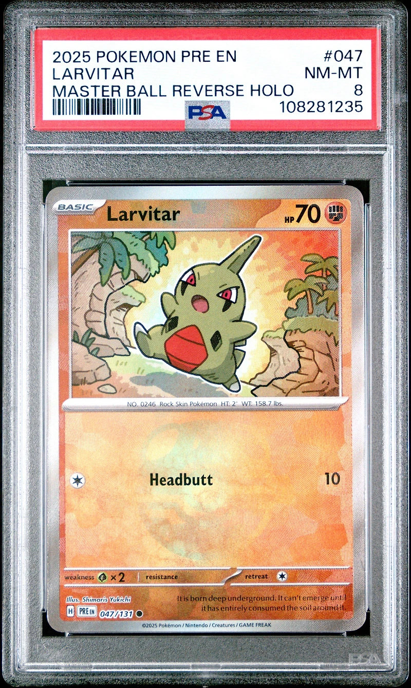 2025 Pokemon Pre En-prismatic Evolutions 047 Larvitar Master Ball Reverse Holo PSA