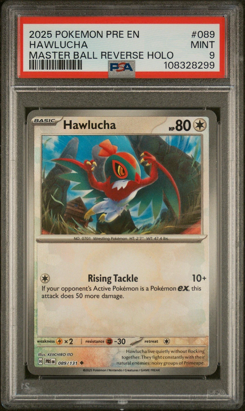 2025 Pokemon Pre En-prismatic Evolutions 089 Hawlucha Master Ball Reverse Holo PSA 9