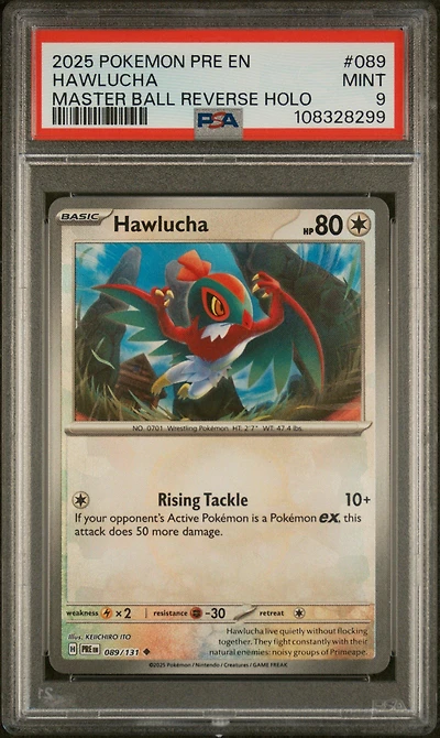 2025 Pokemon Pre En-prismatic Evolutions 089 Hawlucha Master Ball Reverse Holo PSA 9