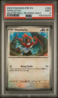 2025 Pokemon Pre En-prismatic Evolutions 089 Hawlucha Master Ball Reverse Holo PSA 9