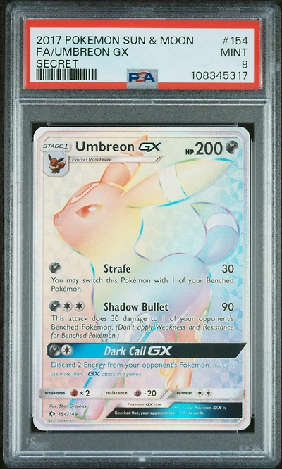 2017 Pokemon Sun & Moon 154 Full Art/umbreon Gx Secret PSA 9