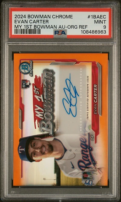 2024 Bowman Chrome My 1st Bowman Autographs 1baec Evan Carter Orange Refractor PSA 9