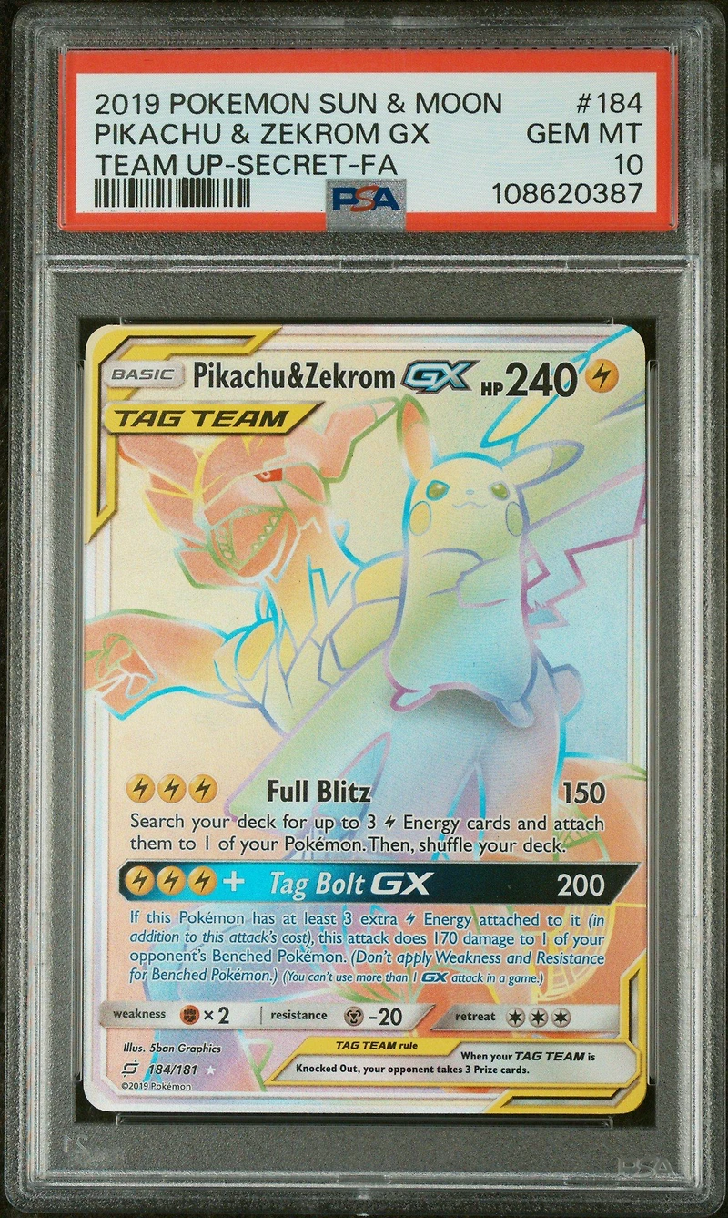 2019 Pokemon Sun & Moon Team Up 184 Full Art/pikachu & Zekrom Gx Secret PSA 10