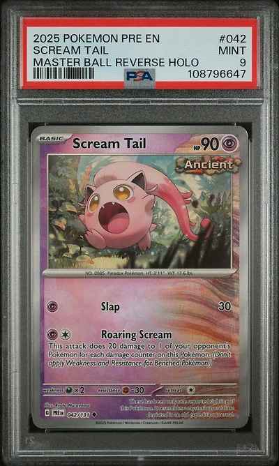 2025 Pokemon Pre En-prismatic Evolutions 042 Scream Tail Master Ball Reverse Holo PSA 9