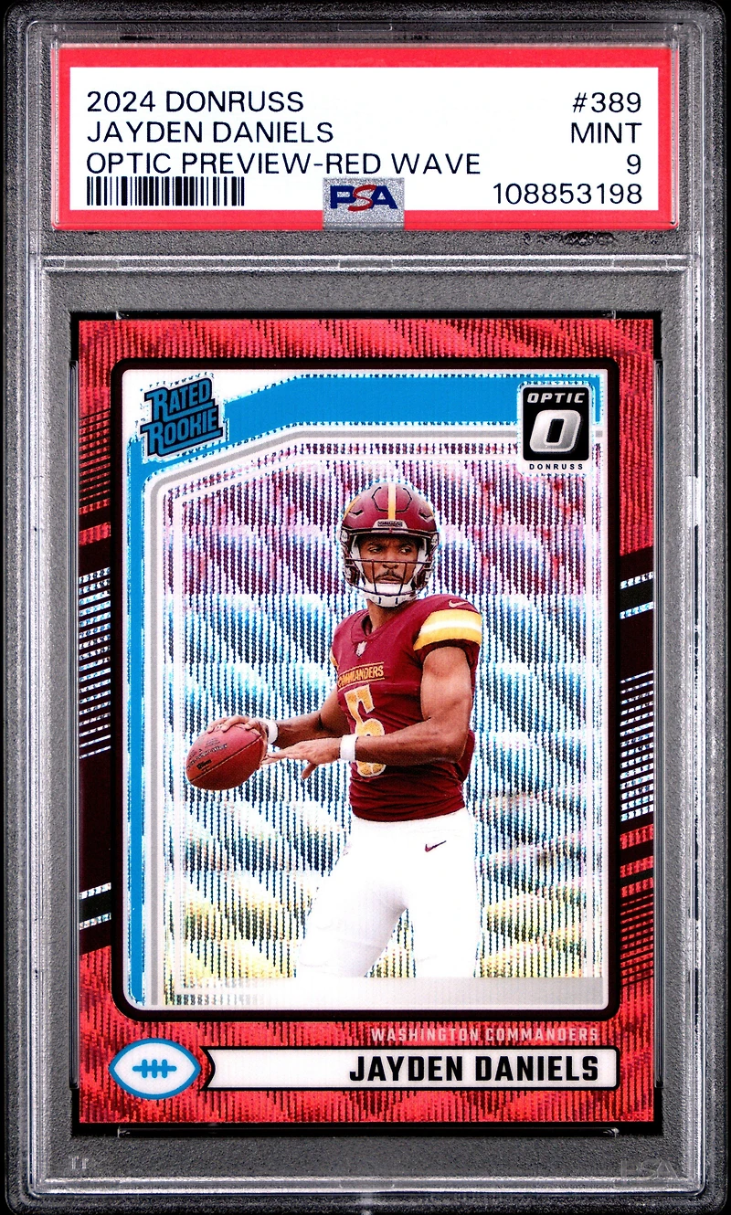 2024 Panini Donruss 389 Jayden Daniels Optic Preview-red Wave PSA