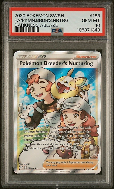 2020 Pokemon Sword & Shield Darkness Ablaze 188 Full Art/pokemon Breeder's Nurturing PSA