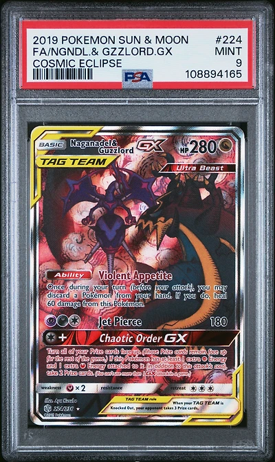 2019 Pokemon Sun & Moon Cosmic Eclipse 224 Full Art/naganadel & Guzzlord Gx PSA 9