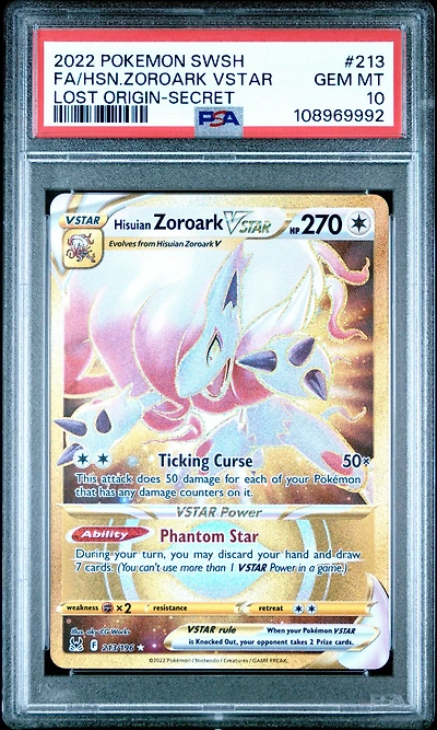 2022 Pokemon Sword & Shield Lost Origin 213 Full Art/hisuian Zoroark Vstar Secret PSA 10