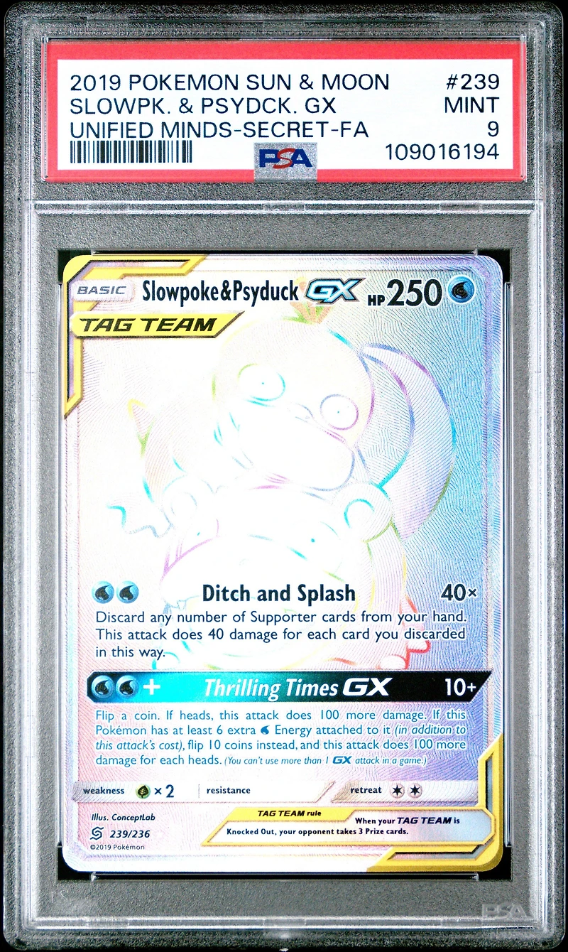 2019 Pokemon Sun & Moon Unified Minds 239 Full Art/slowpoke & Psyduck Gx Secret PSA