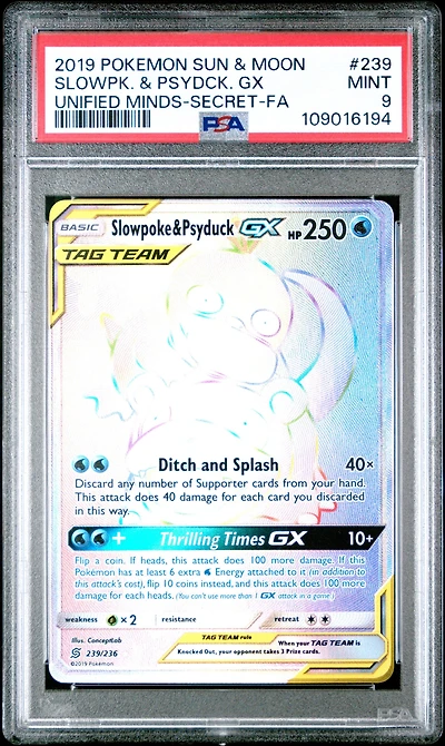 2019 Pokemon Sun & Moon Unified Minds 239 Full Art/slowpoke & Psyduck Gx Secret PSA