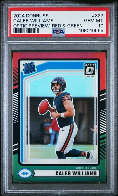 2024 Panini Donruss 327 Caleb Williams Optic Preview-red & Green PSA 10