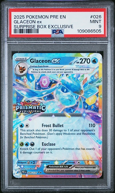 2025 Pokemon Pre En-prismatic Evolutions 026 Glaceon Ex Surprise Box Exclusive PSA