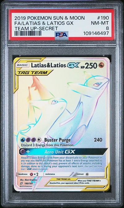 2019 Pokemon Sun & Moon Team Up 190 Full Art/latias & Latios Gx Secret PSA