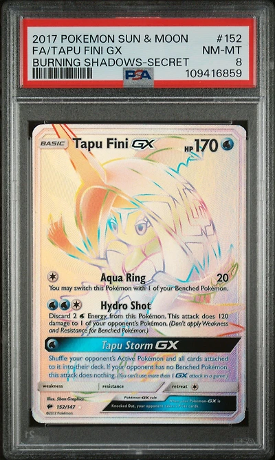 2017 Pokemon Sun & Moon Burning Shadows 152 Full Art/tapu Fini Gx Secret PSA