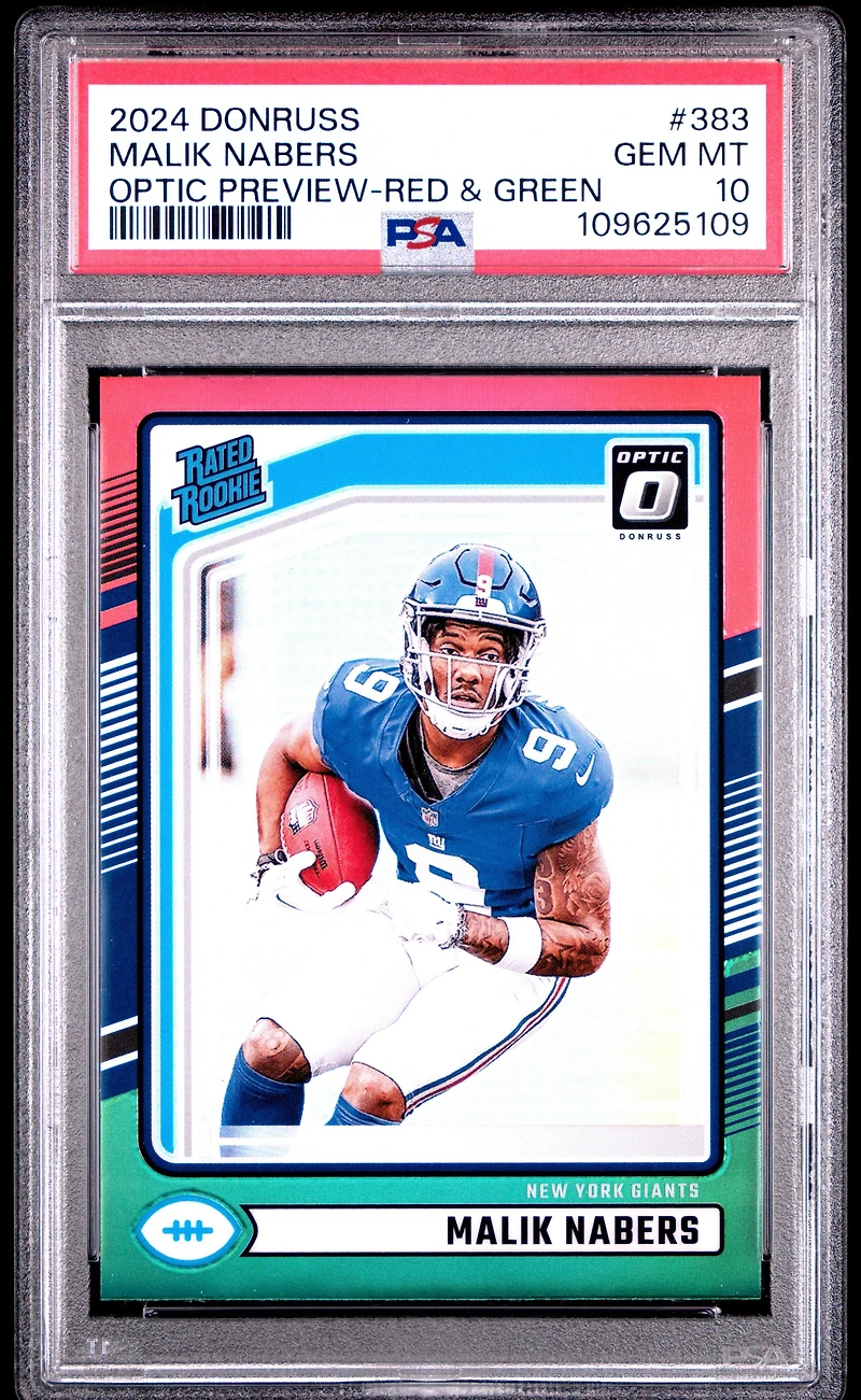 2024 Panini Donruss 383 Malik Nabers Optic Preview-red & Green PSA 10