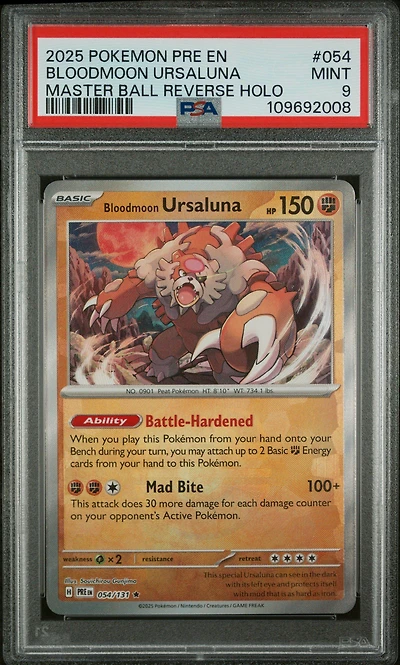 2025 Pokemon Pre En-prismatic Evolutions 054 Bloodmoon Ursaluna Master Ball Reverse Holo PSA 9