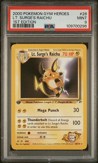 2000 Pokemon Gym Heroes 28 Lt. Surge's Raichu 1st Edition PSA