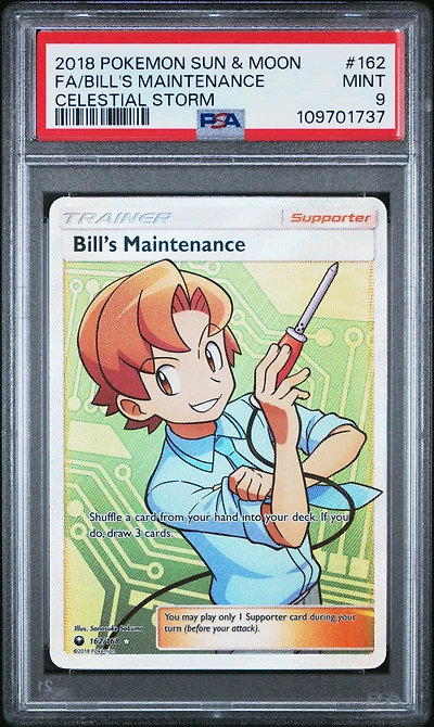 2018 Pokemon Sun & Moon Celestial Storm 162 Full Art/bill's Maintenance PSA 9