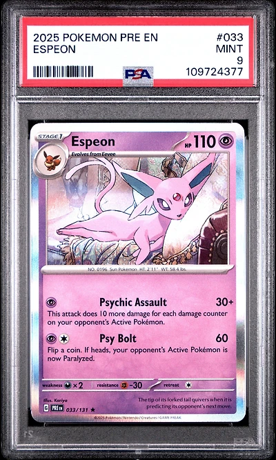 2025 Pokemon Pre En-prismatic Evolutions 033 Espeon PSA 9