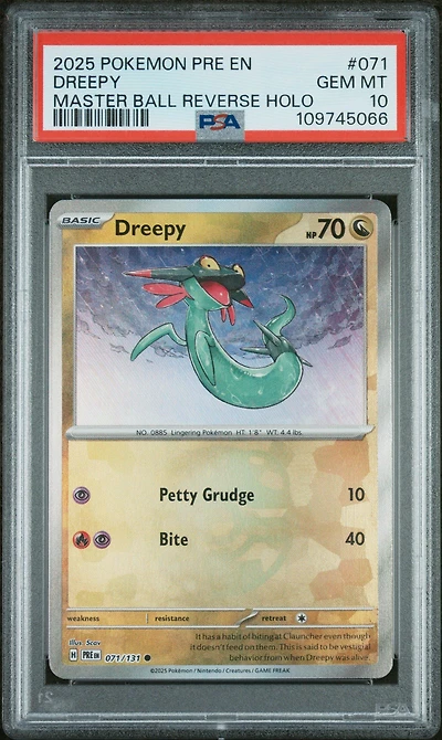 2025 Pokemon Pre En-prismatic Evolutions 071 Dreepy Master Ball Reverse Holo PSA
