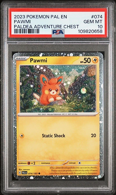2023 Pokemon Pal En-paldea Evolved 074 Pawmi Paldea Adventure Chest PSA 10