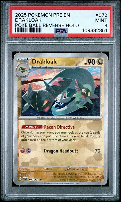 2025 Pokemon Pre En-prismatic Evolutions 072 Drakloak Poke Ball Reverse Holo PSA 9