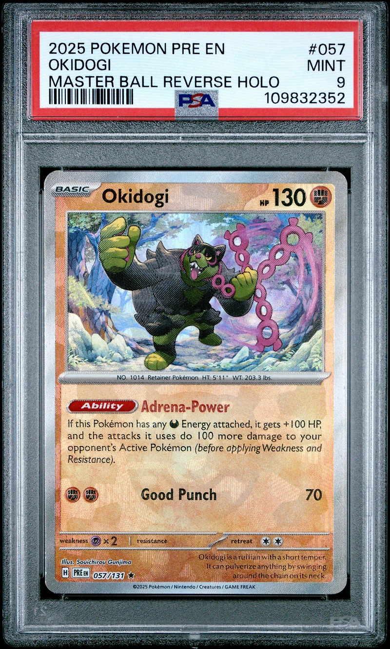 2025 Pokemon Pre En-prismatic Evolutions 057 Okidogi Master Ball Reverse Holo PSA 9